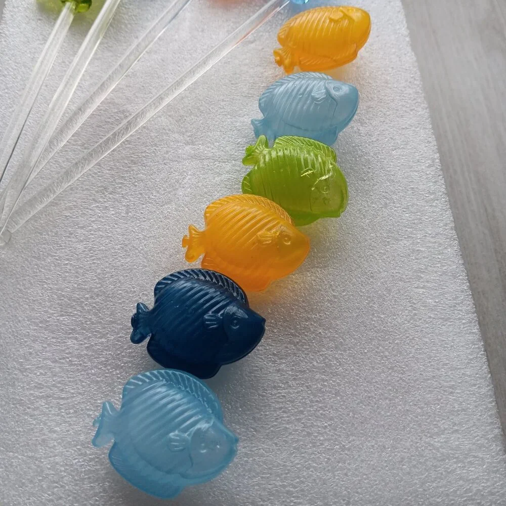 Vintage Pier 1 Glass Fish Swizzle Sticks & Plastic Fish Ice Cubes Set Blue